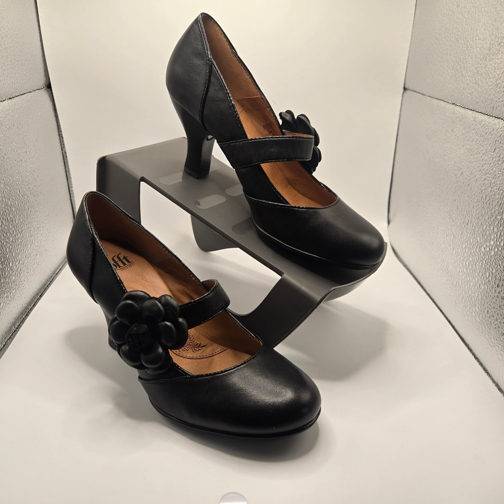 Sofft Black Leather Floral Mary Jane Heels Womens Size 6M Round Toe Pumps